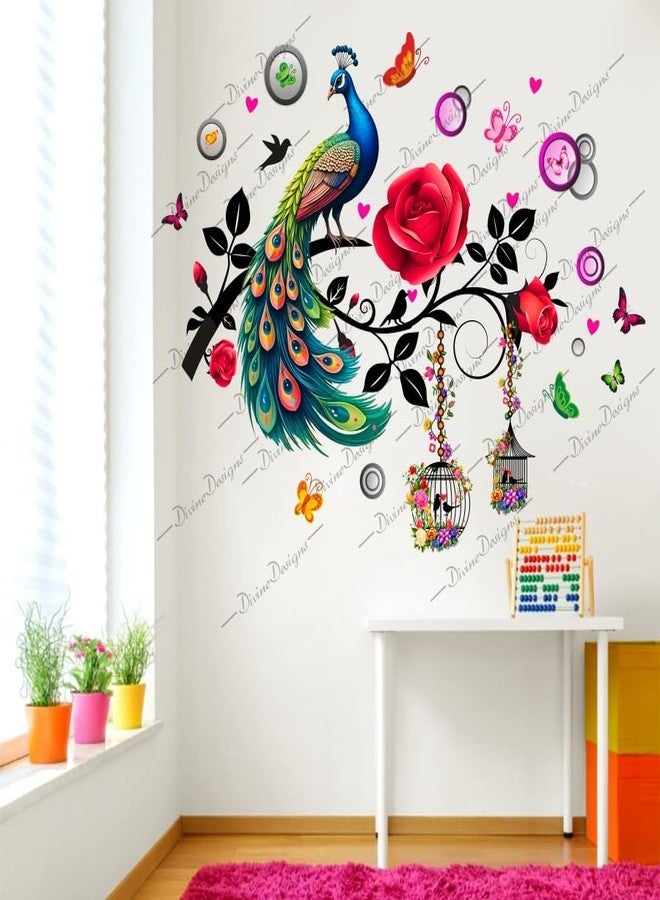 DivineDesigns ملصق حائط ذاتي اللصق من الفينيل PVC بتصميم أقفاص زهور حمراء على شكل طاووس من DivineDesigns لتزيين المنزل/غرفة المعيشة (متعدد الألوان) - Image 2